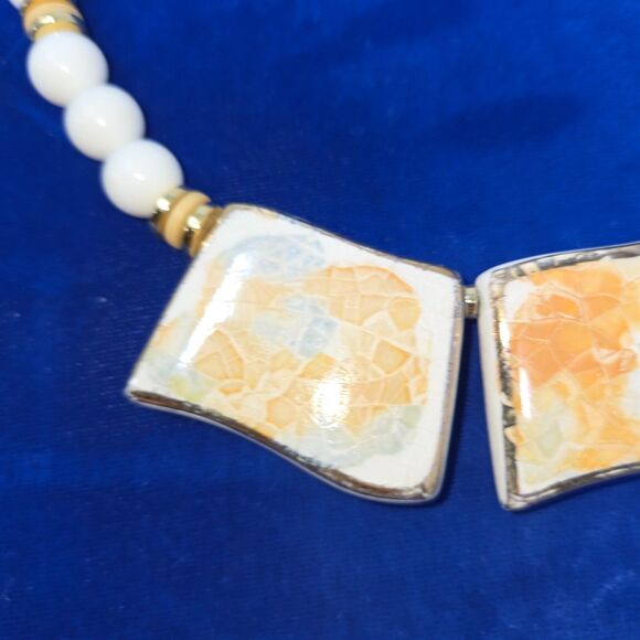 Vintage White Beaded Porcelain Tile Statement Chunky Bib Necklace 20" - Picture 7 of 9